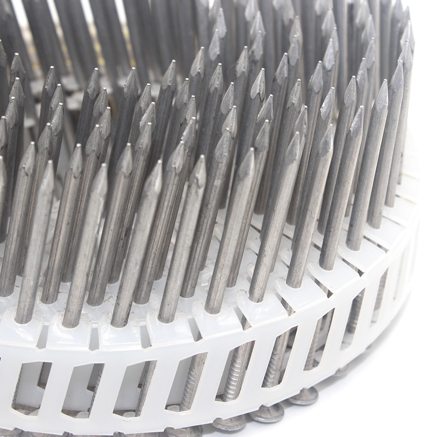 15-градусныя алюмініевыя пластыкавыя цвікі з гладкім хваставікам 2,4x50 мм 